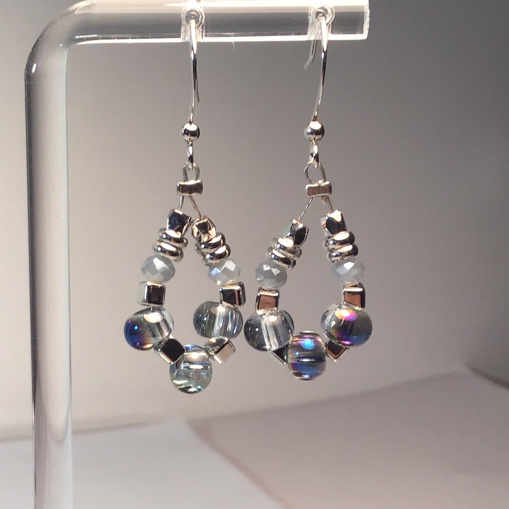 Earrings Beaded Drops Silver Tone And AB